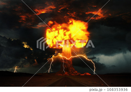 Terrible explosion of a nuclear bomb with a mushroom with clouds and storm with thunderstorms in the dark. Hydrogen bomb test. Nuclear catastrophe. Road to nuclear explosion 108353936