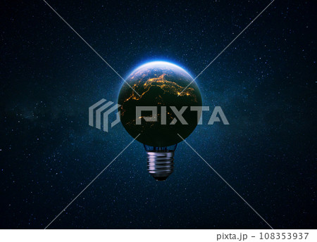 Light bulb blue planet Earth with glow of night cities in space. Electrification, creative idea. Earth energy and global warming. Eco energy Light bulb blue planet Earth with glow of night cities in space. Electrification, creative idea. Earth energy and global warming. Eco energy 108353937