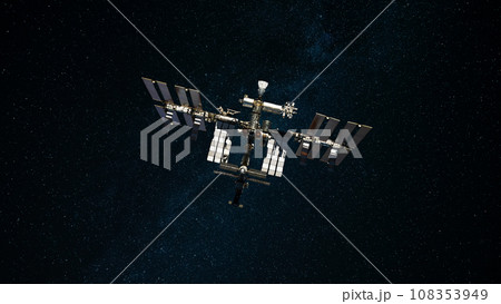 ISS space station flies in starry space and explores deep space. Space mission and ISS. 108353949