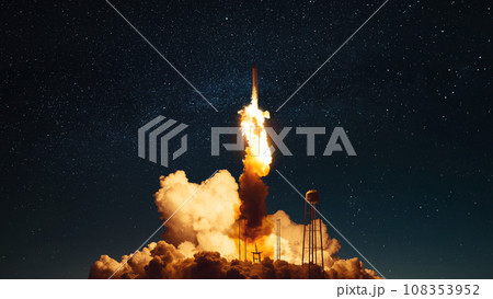 Space rocket ship unsuccessfully takes off into the starry night sky and explodes with smoke and fire. Concept error and start up. Space mission and failure. Explosion Space rocket ship unsuccessfully takes off into the starry night sky and explodes with smoke and fire. Concept error and start up. Space mission and failure. Explosion 108353952