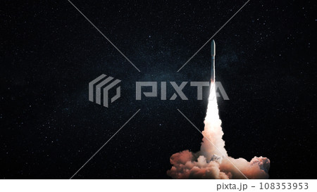 Space modern technology rocket with smoke and blast takes off to the night starry sky. Travel and space exploration, creative idea. Free space for text and design. Spaceship successful launch Space modern technology rocket with smoke and blast takes off to the night starry sky. Travel and space exploration, creative idea. Free space for text and design. Spaceship successful launch 108353953