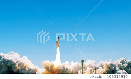 Spaceship rocket shuttle with clouds of smoke successfully takes off in the blue sky. Rocket lift off, creative idea Spaceship rocket shuttle with clouds of smoke successfully takes off in the blue sky. Rocket lift off, creative idea 108353956
