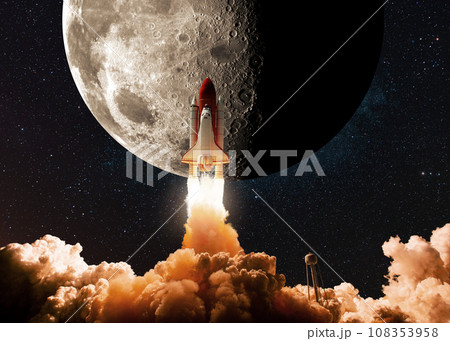 New space shuttle rocket with smoke and clouds takes off into the sky with moon. Shuttle spaceship liftoff to moon. Space Mission Launch to Moon Concept. New space shuttle rocket with smoke and clouds takes off into the sky with moon. Shuttle spaceship liftoff to moon. Space Mission Launch to Moon Concept. 108353958