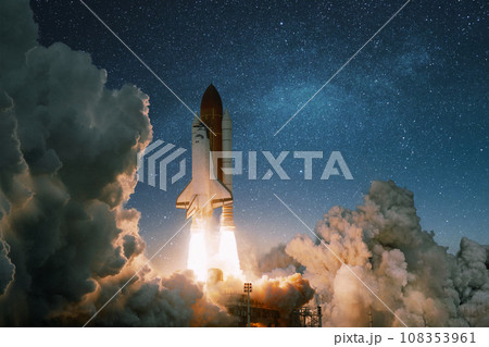 New Ship Rocket flies to Mars planet. Spaceship Shuttle with blast and smoke takes off into the starry sky. Rocket lift off and starts into deep space. Concept cosmos and travel New Ship Rocket flies to Mars planet. Spaceship Shuttle with blast and smoke takes off into the starry sky. Rocket lift off and starts into deep space. Concept cosmos and travel 108353961