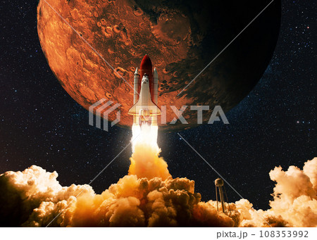 New Space Shuttle Rocket with blast and smoke takes off to the red planet mars, concept. Spacecraft lift off to explore other planets. Rocket launch. Travel to Space 108353992
