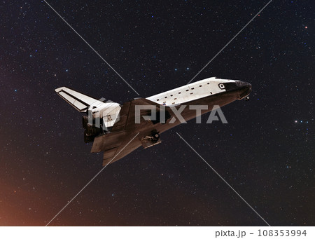 Space shuttle rocket lift off a mission in outer space with stars. Rocket flies on a starry background 108353994