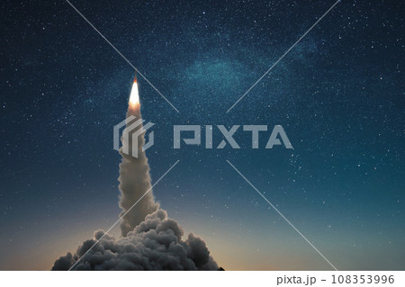 Rocket take off to stars. Successful launch of a space rocket into outer space. Spaceship lift off into the starry sky. Travel and exploration other planets, concept 108353996