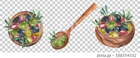 Olives and olive branches in wooden bowl and spoon from top and side view isolated on white background. Green, black and red fruits watercolor hand drawn botanical illustration. Can be used for menu Olives and olive branches in wooden bowl and spoon from top and side view isolated on white background. Green, black and red fruits watercolor hand drawn botanical illustration. Can be used for menu 108354332