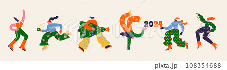 Fun Merry Christmas and Happy New Year collection of groovy, hippie bizarre disproportionate 108354688