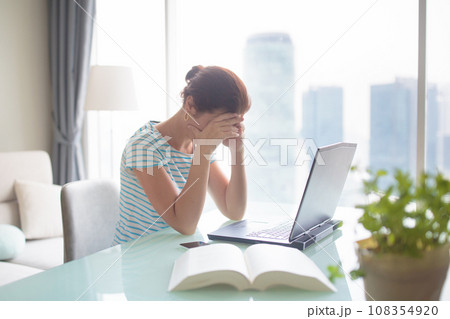 Stress at work. Woman working at laptop. 108354920