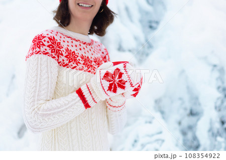 Woman drinks Christmas chocolate. Girl with cocoa. Woman drinks Christmas chocolate. Girl with cocoa. 108354922