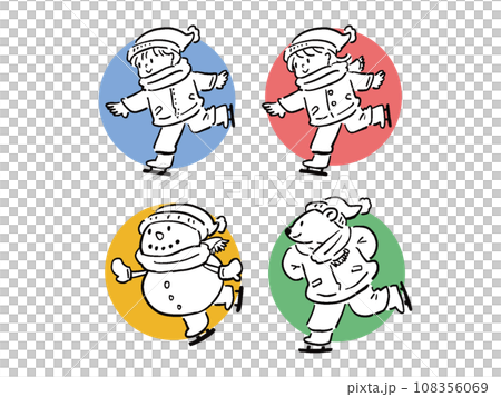 Illustration icon set of a boy and girl skating, a snowman and a polar bear Line drawing 108356069