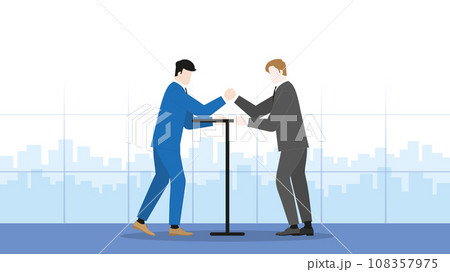 Two businessmen, employees, and salarymen stand arm wrestling fight in an office workplace. 108357975