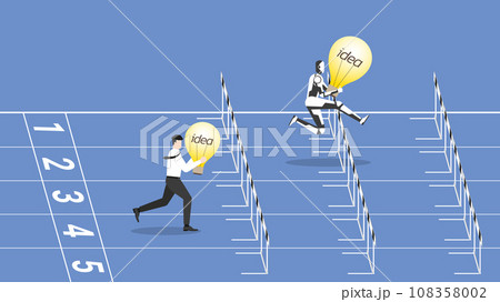 A businessman and a robot are competing with a light bulb. Human versus cyborg run on a racetrack A businessman and a robot are competing with a light bulb. Human versus cyborg run on a racetrack 108358002
