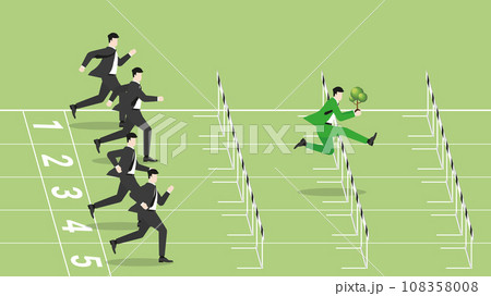 A leader businessman with a tree and competitors are run and jump over obstacles in race. 108358008