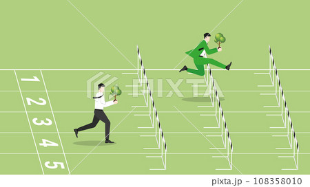 A leader businessman and follower employee with tree are run on race track. 108358010