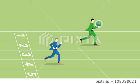 A leader businessman holds earth and rivalry are compete run on a race track. 108358021