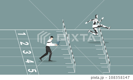AI vs human battle concept. An employee and robot run on a racetrack. A faster robot leads a man working on a laptop 108358147