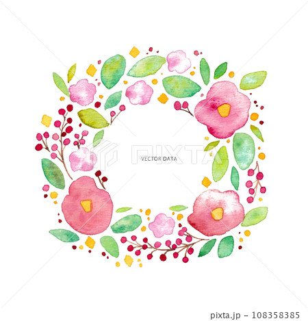 水彩画。水彩タッチの植物椿イラスト。植物の和風ベクターフレーム。 108358385