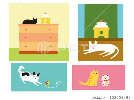 お正月、鏡餅と猫のイラスト お正月、鏡餅と猫のイラスト 108358393