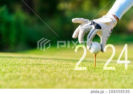 Close up hand Golfer woman putting golf ball for Happy New Year 2024 Close up hand Golfer woman putting golf ball for Happy New Year 2024 108358530
