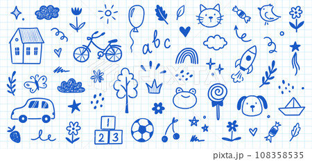 Children school, kindergarten vector doodle set. Cute daycare hand drawn flower, toy, animal elements. Childish cute preschool activity, education doodle background. Vector Children school, kindergarten vector doodle set. Cute daycare hand drawn flower, toy, animal elements. Childish cute preschool activity, education doodle background. Vector 108358535