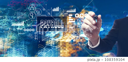 Payroll theme with businessman in a bokeh neon light trails city background Payroll theme with businessman in a bokeh neon light trails city background 108359104
