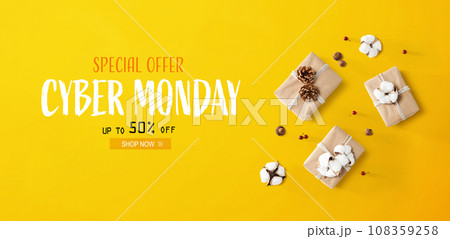 Cyber Monday banner with gift boxes with cottons 108359258