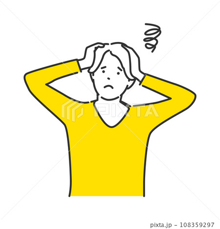 考え事をして悩む様子のカジュアルな男性のイメージイラスト 108359297