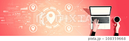 Map pin concept with person using a laptop Map pin concept with person using a laptop 108359668