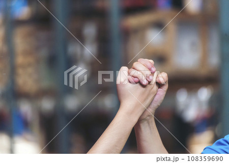 Engineer Teamwork Warehouse worker high five together. Engineer man hands partnership. Diversity Coworker logistics Warehouse teams high five. Multiracial Support team greeting teamwork colleagues 108359690
