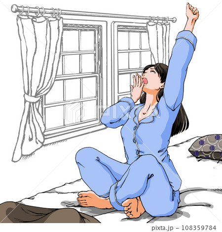 パジャマ姿であくびする若い女性_あぐらのイラスト素材 [108359784 