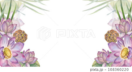 Elegant watercolor illustration with delicate pink lotus flowers and botanical beauty of water lily. frame. Space for text. Floral design elements perfect for wedding invitations; . greeting cards Elegant watercolor illustration with delicate pink lotus flowers and botanical beauty of water lily. frame. Space for text. Floral design elements perfect for wedding invitations; . greeting cards 108360220