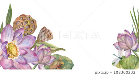Elegant frame watercolor illustration with delicate pink lotus flowers and botanical beauty of water lily. Floral design elements, perfect for wedding invitations. greeting cards, posters and prints Elegant frame watercolor illustration with delicate pink lotus flowers and botanical beauty of water lily. Floral design elements, perfect for wedding invitations. greeting cards, posters and prints 108360232