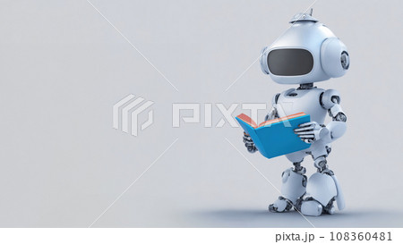 本を読んでいる人型のロボットは機械学習する。グレー背景。生成AI 108360481