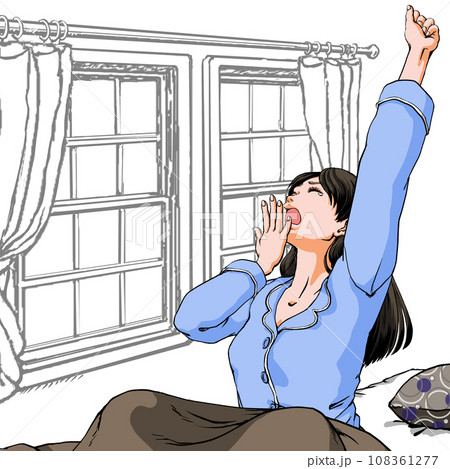 パジャマ姿であくびする若い女性_上半身のみ_背景あり パジャマ姿であくびする若い女性_上半身のみ_背景あり 108361277
