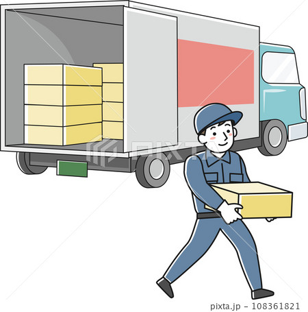 笑顔で荷物を運ぶ作業服の男性とトラック 笑顔で荷物を運ぶ作業服の男性とトラック 108361821