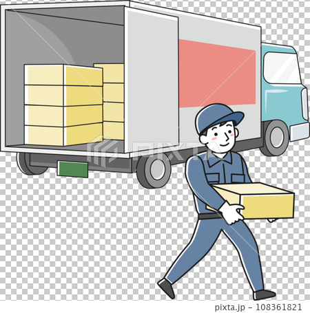 笑顔で荷物を運ぶ作業服の男性とトラック 笑顔で荷物を運ぶ作業服の男性とトラック 108361821