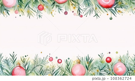 Christmas border with fir branches and balls on white background. Watercolor Christmas and New Year background Christmas border with fir branches and balls on white background. Watercolor Christmas and New Year background 108362724
