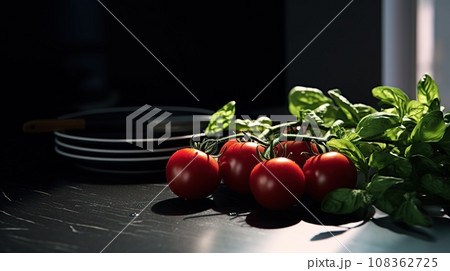 Modern black kitchen with fresh tomatoes and greens on the table. 108362725