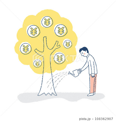 お金のなる木に水やりをする男性 108362907