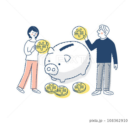 豚の貯金箱とコインを持っている若いカップル 108362910