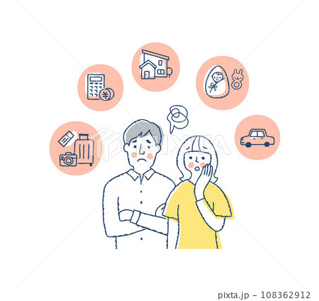 困った表情の若いカップルと生活アイテムアイコン 108362912