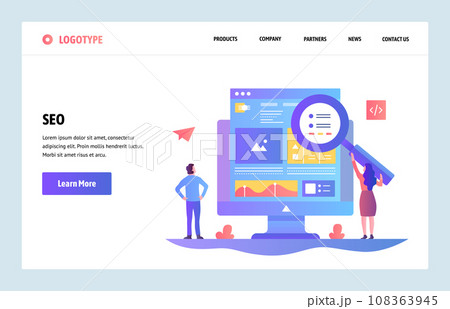 Vector web site linear art design template. SEO search engines optimization and content marketing. Landing page concepts for website and mobile development. Modern flat illustration. Vector web site linear art design template. SEO search engines optimization and content marketing. Landing page concepts for website and mobile development. Modern flat illustration. 108363945