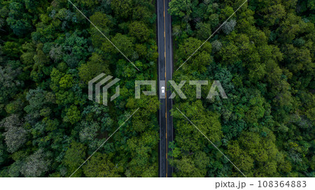 Aerial view over  forest road with asphalt road and forest, Road in the middle of the forest up to mountain, Countryside road passing through the green forrest and mountain. 108364883