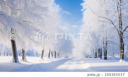 冬の風景、雪が積もる道、自然の景色、AI生成画像 108365037