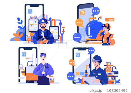 Hand Drawn Engineer or repairman character with smartphone in online repair concept in flat style Hand Drawn Engineer or repairman character with smartphone in online repair concept in flat style 108365493