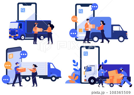 Hand Drawn Delivery man character with truck In the concept of online delivery in flat style Hand Drawn Delivery man character with truck In the concept of online delivery in flat style 108365509
