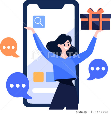 Hand Drawn Female character holding a gift with smartphone in online shopping concept in flat style 108365598