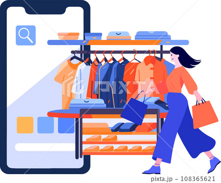 Hand Drawn Female character holding a gift with smartphone in online shopping concept in flat style 108365621